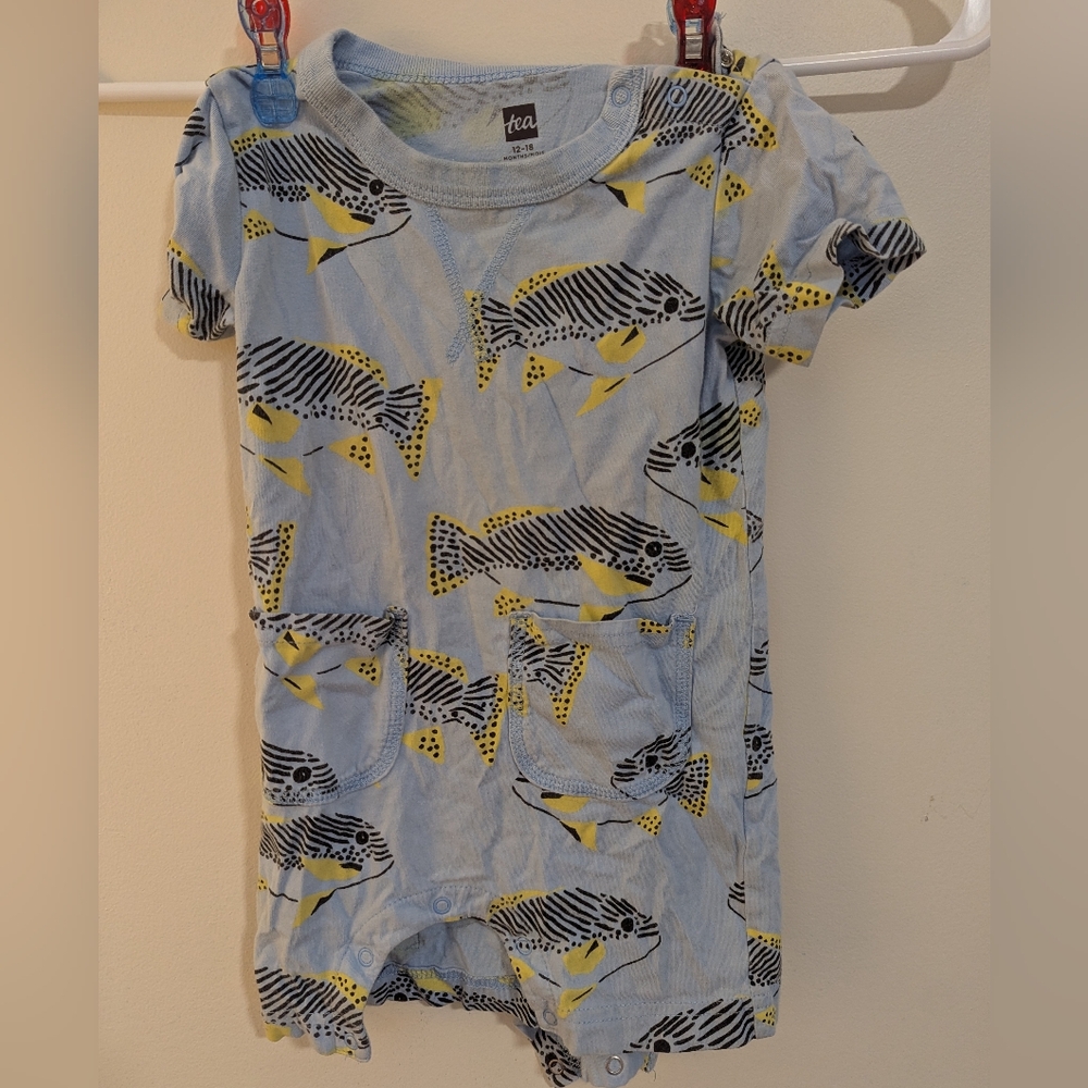 Tea Collection Light Blue Fish Print Romper